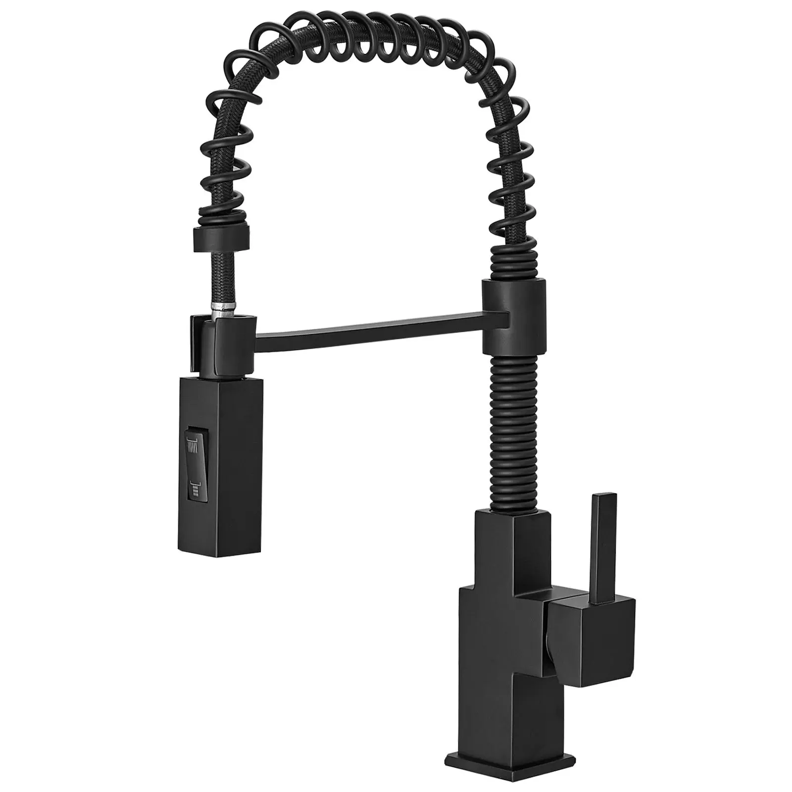BESy Modern Square Matte Black Solid Brass Kitchen Faucet, Single-Handle Square Spout 2-Function Pull-Down Stream Sprayer Head, Easy Install Spring Tap with 1/2" Adapters, 3/8" Female Compression Thread, Included Hoses, RV Compatible