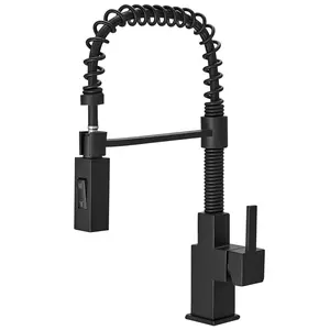 BESy Morden Square Matte Black Kitchen Faucet, Single Handle 2 Function Pull Down, Commercial Solid Brass Spring Rv Square Kitchen Sink Faucet with Pull Down Sprayer Laundry Faucet