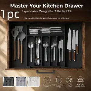 Expandable kitchen drawer organizer, adjustable cutlery tray, non-slip, space-saving, can store cutlery, silverware and kitchen gadgets.