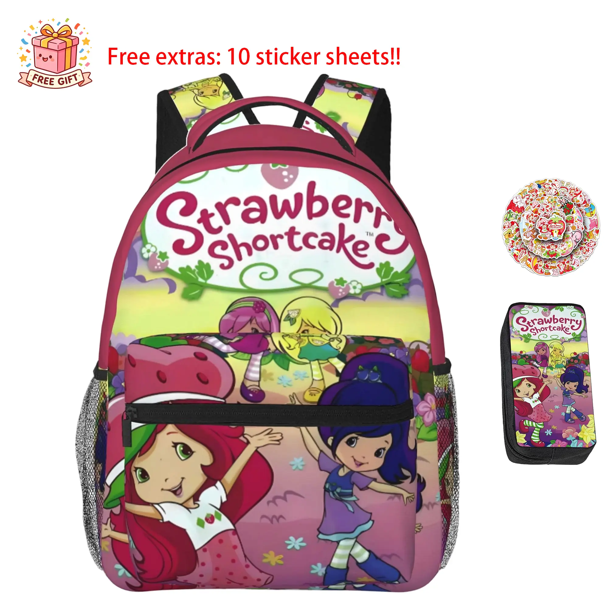 Lightweight Strawberry Shortcake Backpack Cute Strawberry Shortcake Cartoon Print 17 Inch Laptop Travel Casual Daypack, Cartoon Backpack With Pencil Case Ideal Birthday Anniversary Party Gifts for Strawberry Shortcake Fans
