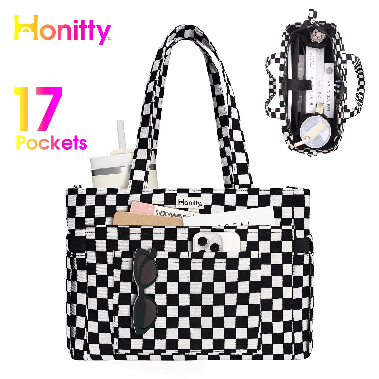 HONITTY Women's Corduroy Tote Bag, Casual Everyday Work Bag and Crossbody with 17 Pockets, Fits 15.6" Laptop & 40oz Tumbler, Colorblock Corduroy Bag, Tote Bags