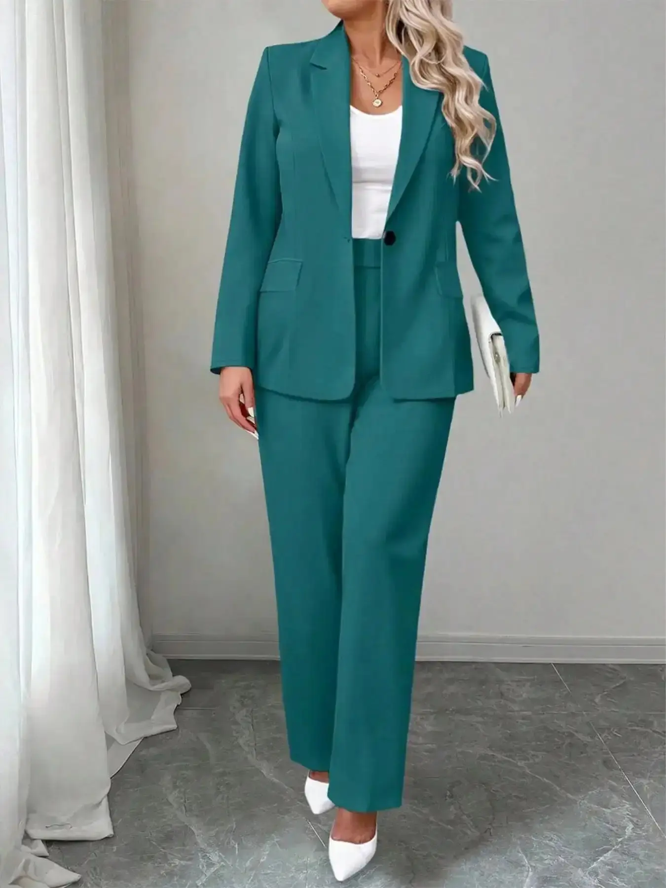 Essential Women's Suit Set Fit Fashion Forward, Basic Lapel Button Blazer High Waist Wide Leg Pants, Stretchy Comfortable Fabric, Office Casual Chic Elegant Style, Well Made, Matching Set, Work Wear, tailored comfort