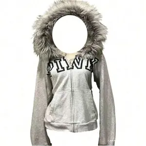 Zip-Up Hoodie Faux Fur Jackets Emo Grunge Cropped Winter Coats Teen Streetwear Y2K Vintage