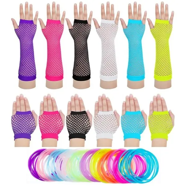 12 Pairs 80s 90s Fishnet Mesh Glove with 100pcs Silicone Wristband for Women Neon Fingerless Long Short Gloves for Halloween Party Cosplay Costume