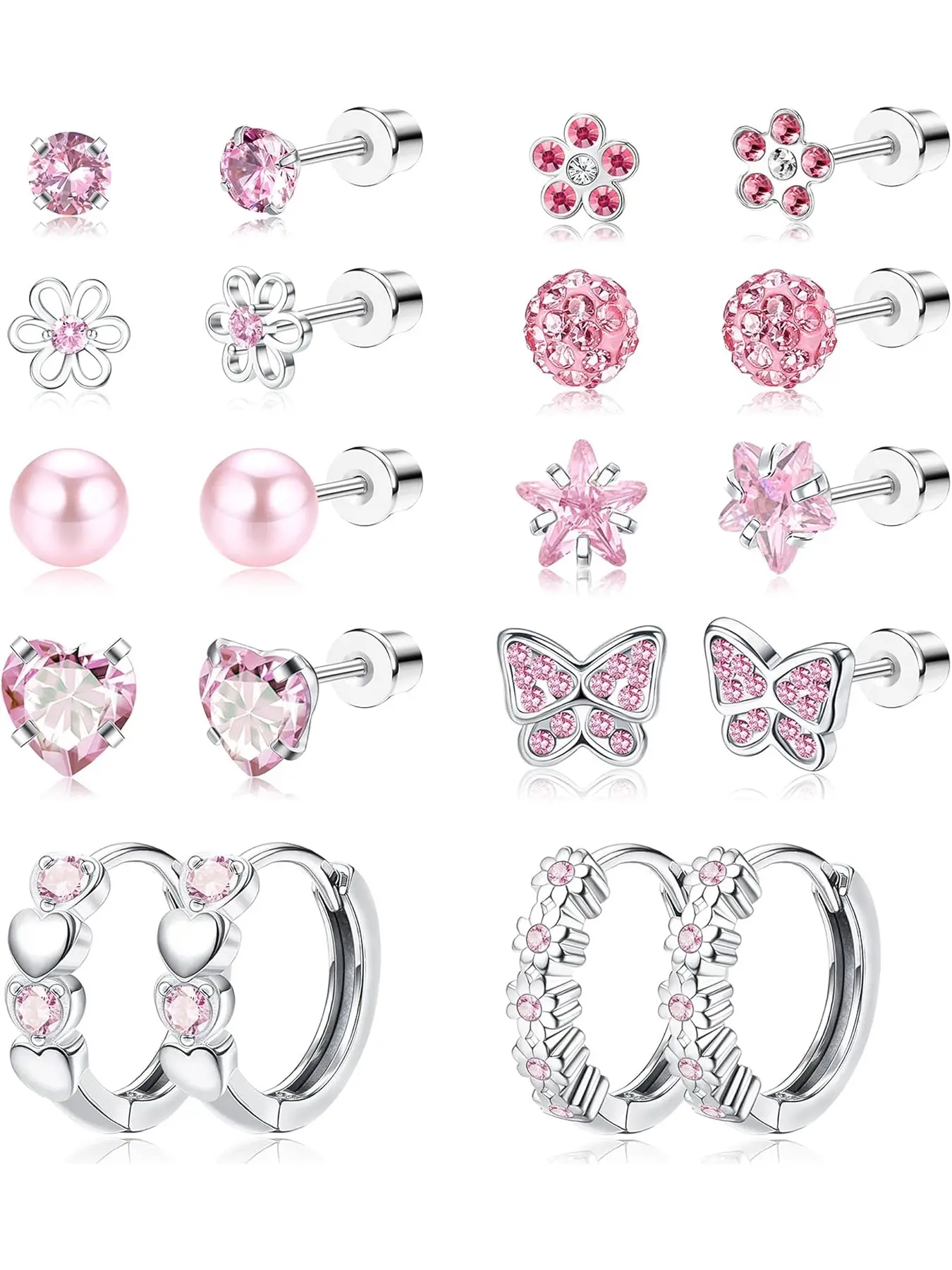 10Pairs Small Earrings Set for Women Girls Stainless Steel Cute Stud Earrings Butterfly Flower CZ Pink Heart Hoop Earrings Screw Back Multicolored Hypoallergenic Rhinestone Earrings Set Dainty Fashion Jewelry