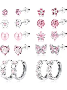 10Pairs Small Earrings Set for Women Girls Stainless Steel Cute Stud Earrings Butterfly Flower CZ Pink Heart Hoop Earrings Screw Back Multicolored Hypoallergenic Earrings Set Dainty Fashion Jewelry