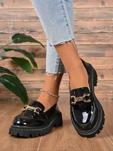 Women's Fashion Loafers with Metal Buckle Detail, Thick Rubber Sole for Height Boost, Perfect Match for Dresses & Jeans, Summer Shoes