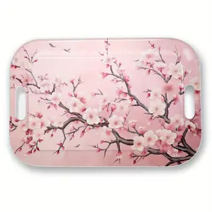 Japanese-Inspired Rectangular Serving Tray - Lightweight & Easy-Clean Table Tray with Handles, Elegant Pink Cherry Blossom Floral design for Dining, Living Room, Parties - Durable Melamine Decorative Platter, Home Entertaining, Contemporary Home Decor, S