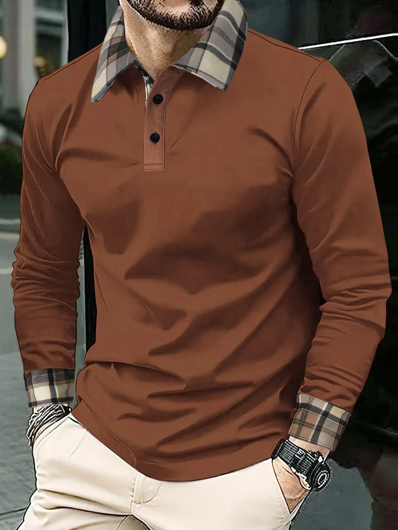 A new men's casual Fitted long-sleeved classic polo shirt with plaid collar and cuffs; with buttoned front and collar, essential for mens daily outfit, men's clothing, Fitted Polo Shirts