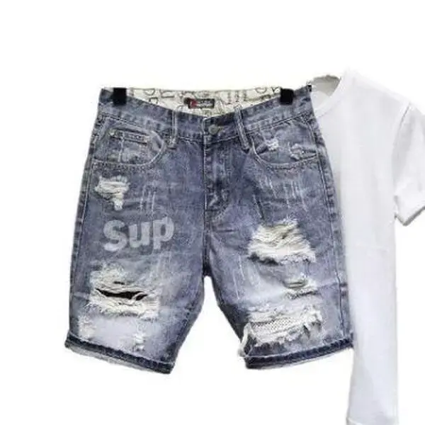 Men's Ripped Denim Shorts for Summer - Personality print versatile cropped pants in cotton fabric, casual street style ee blue Korean Loose Original Streetwear Design