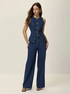 Elegant Women's Denim Set, Casual Fitted Luxury Street Style, Fashionable Ladies Top & Jeans 2-Piece, Trendy Outerwear for Spring & Fall