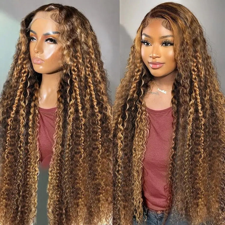 30 Inch 13x6 4/27 Highlight Deep Wave Lace Front Wigs Human Hair Ombre Colored HD Transparent Deep Curly Lace Frontal Wigs Pre Plucked with Baby Hair for Women, Ombre Wavy Wigs, Wedding