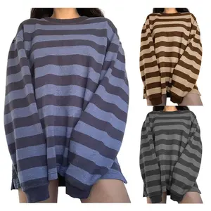Women��s Casual Long Sleeve Sweater Fashion Contrast Color Stripe Round Neck Loose Sweatshirt