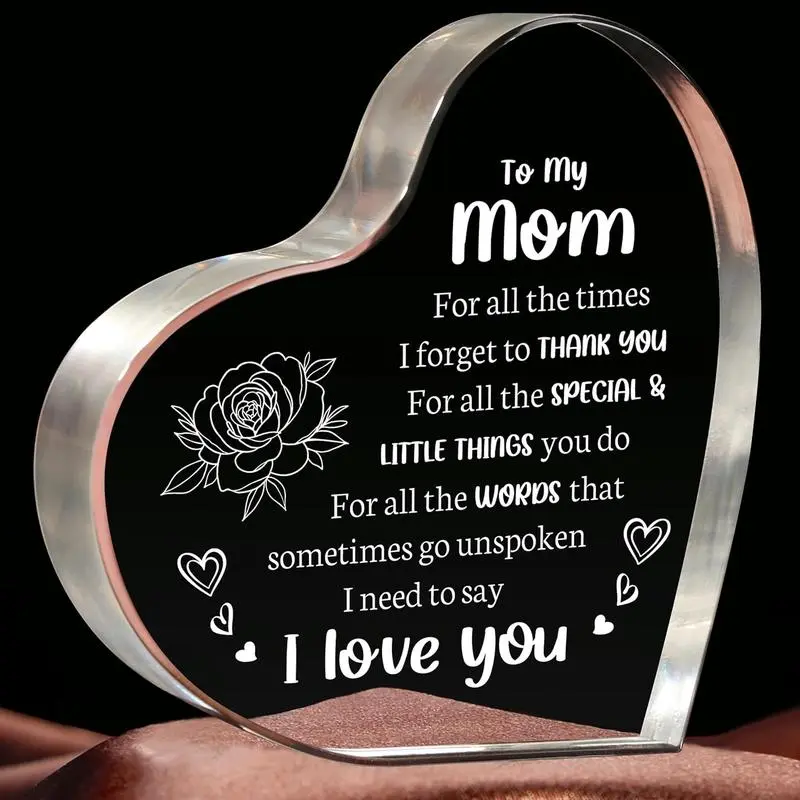 Heart Shaped Engraved Love Mom Acrylic Block Keepsake - Flower & Letter Pattern Decoration, Home Decor, Womens Love Gift, Christmas Keychain Ornament