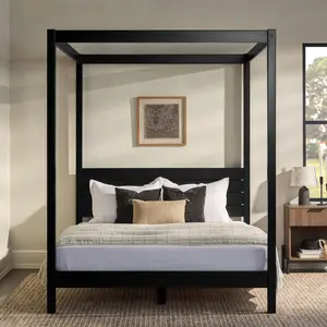 Walker Edison ISLB5CBL Minimalist Boho Canopy Bed with Simple Headboard - Black Queen Size, Wood Frame, Indoor, Minimalist Modern, Modern Style, Frame Material Beds, Indoor Beds