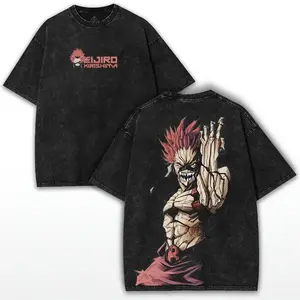 Mens Womens Black Washed My Hero Academia Retro Distressed Washed Eijiro Kirishima Red Riot Hardening Quirk Anime Manga Graphic Tee Short Sleeve Crewneck Cotton Top for Anime Streetwear Enthusiasts and Daily Casual Wear
