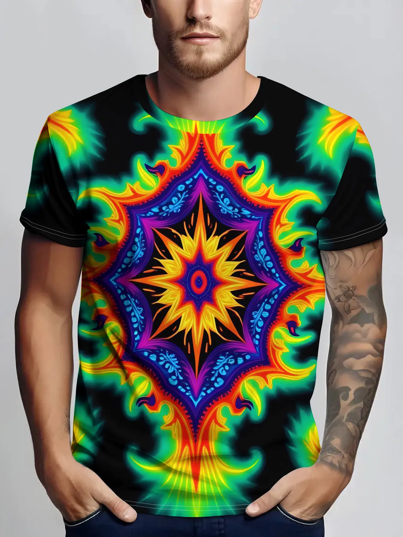 Black Short Sleeve T-Shirt, Front with Colorful Psychedelic Symmetrical Floral Print, Psychedelic Vibrant Style