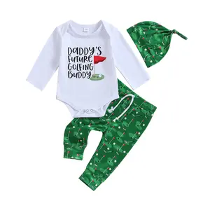 Newborn Baby Boy Girl Golf Outfit Daddy's Future Golfing Buddy Romper+Golf Pants+Hat 3Pcs Spring Fall Clothes Set