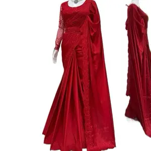 Thread and sequence work satin silk Saree comes with belt and blouse piece, fals and piko done