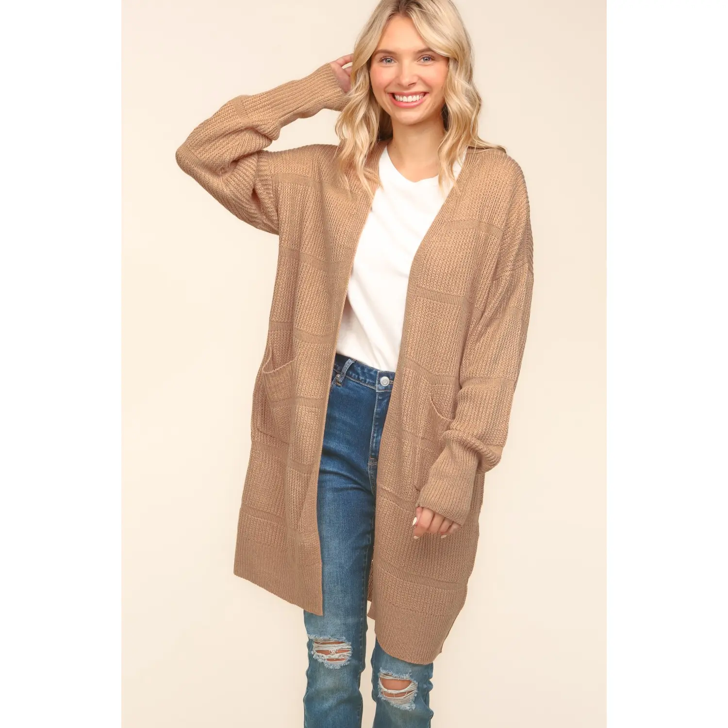 Stripe Textured Open Cardigan with Pockets in Taupe