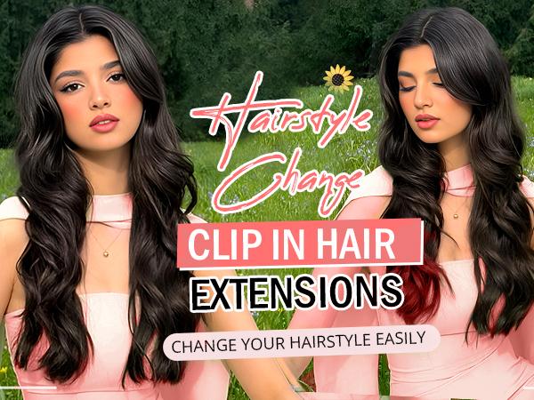 Clip in Synthetic Hair Extensions Long Wavy 4PCS Thick Hairpieces to Chestnut Fiber Double Weft Natural Hair Extensions for Women