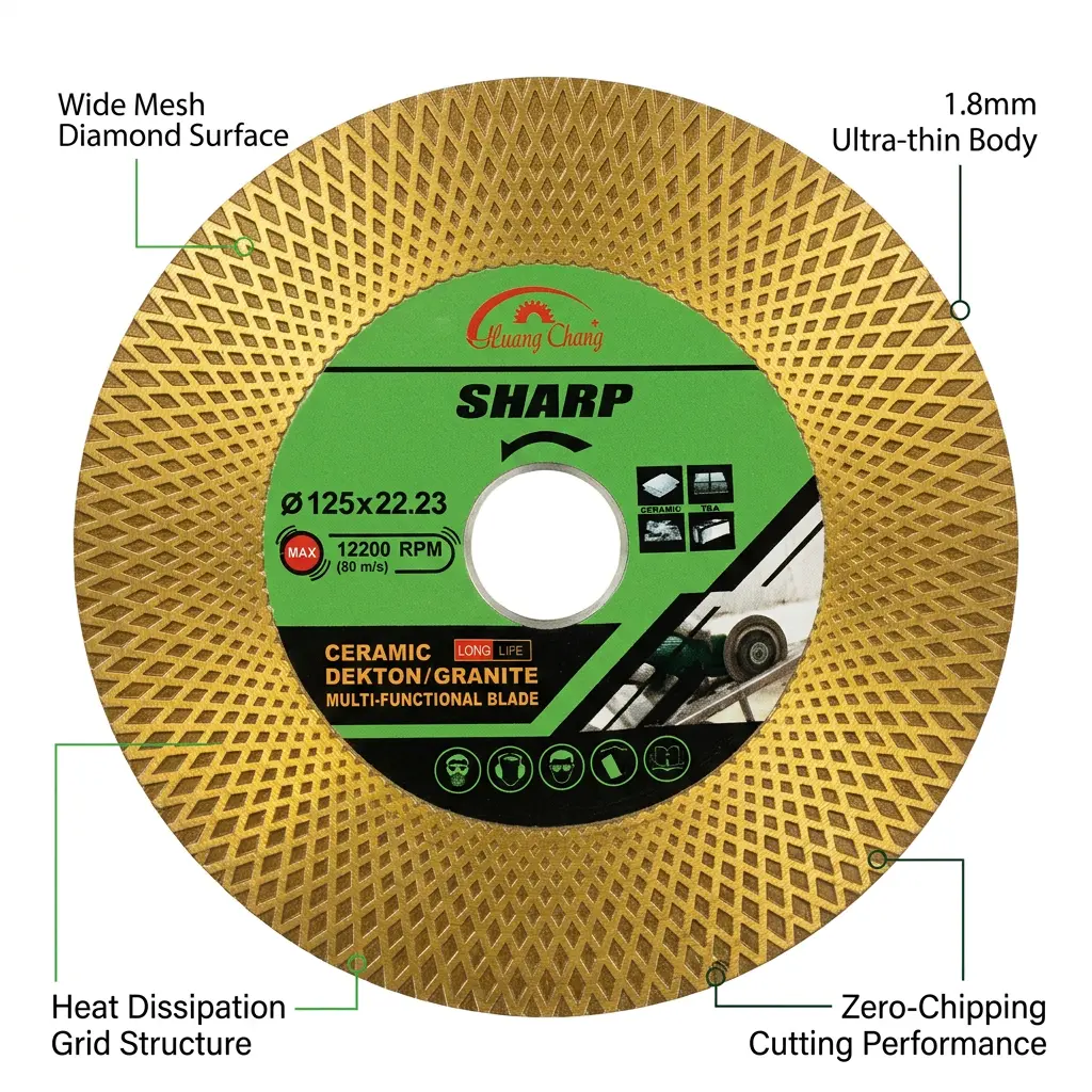 HUANG CHANG 5 Inch Diamond Blade (125mm, 7/8" Arbor) - 1.8mm Thin Mesh Turbo Cutting Disc for Dekton Granite and Porcelain Ceramic