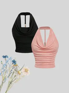 Women's Minimalist Solid Color Hanging Neck Tie Back Halter Top, Casual Fashion Sleeveless Top for Summer, Casual Fitted Sleeveless, Women's Clothing for Daily Wear, Womenswear