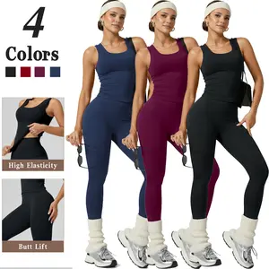 Kabuer Women's 2-Piece Yoga Set - Sleeveless Crew Neck T-Shirt, High-Waisted Pants, 83% Nylon 17% Elastane, Medium Stretch, All-Season, Lightweight Compression Activewear, Workout Sets Women, Gym Exercise Activewear, Sports Casual Wear, Activewear Fitness