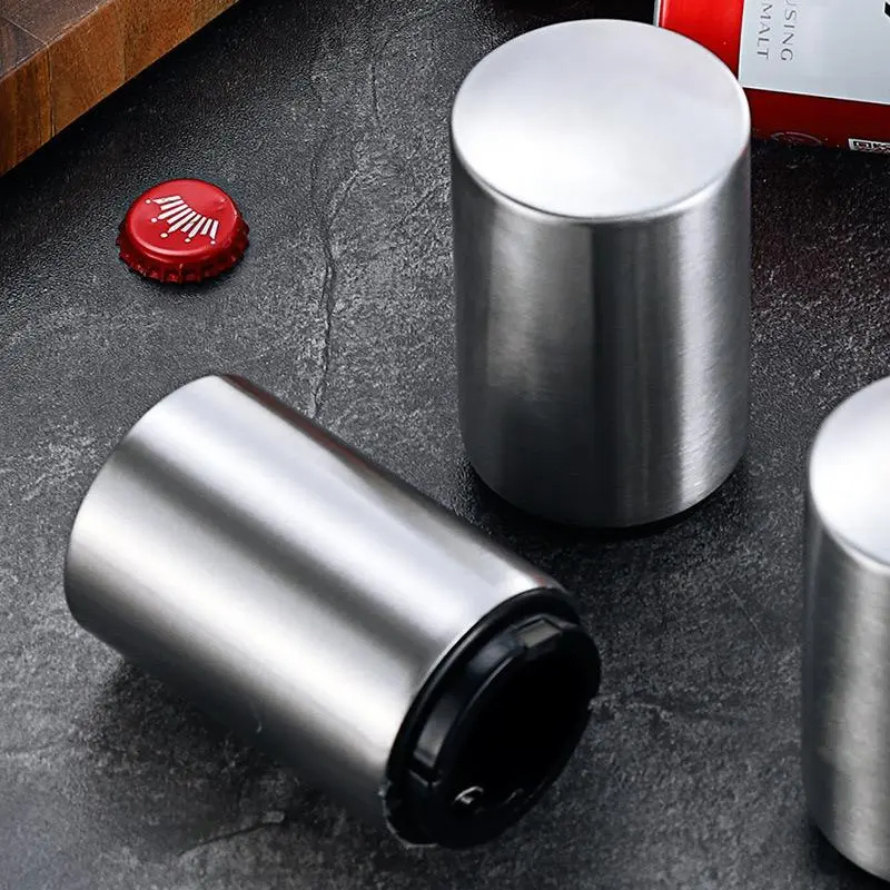 2 PCS Automatic Magnetic Beer Bottle Opener Stainless Steel Portable Pop the Top Wine Bottle Cap Catcher Quick Open No Damage Push Down Bartender Tools for Bar Home Kitchen Party Restaurant Utensils