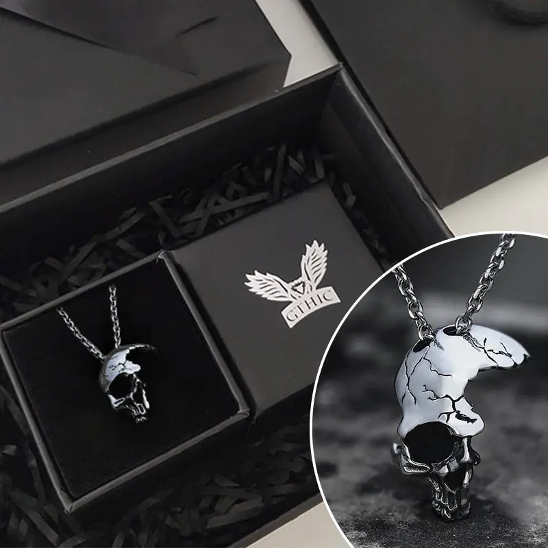 GTHIC Edgy Unisex Stainless Steel Jewelry, Damaged Half-Face Skull Pendant Necklace, Gift-Ready with Gift Box for Mother's Day, Daily