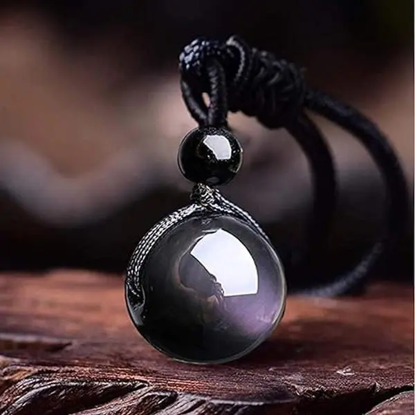 Natural 16mm Round Rainbow Obsidian Stone Pendant Men Women Lucky Protection Necklace Black Obsidian Talisman Necklace for Men Women, Crystal Jewelry Gift, Healing Crystal Amulet