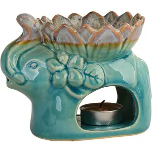 Fragrance Essential Oil Burner Tealight, Tea Light Candle Wax Warmer, Tealight Fragrance Oil Warmer (Ice Cracked Glaz Elephant Shape)