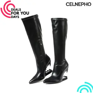 CELNEPHO Knee High Boots for Women Pointed Toe Morso Boot Metalic Heel Tiger Teeth Shaped Heel Side Zipper Closure Goth Tall Boots Comfy Easy Pull on Costume Party Club Out Concert Fashion Dress Shoes Deals For You Days