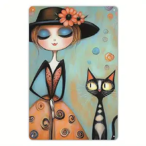 2D Flat, 1pc 8x12in Modern Wrought Iron Wall Art - Girl with Cat & Hat Metal Painting, Elegant Female Figure Decor Suitable for Living Room, Bedroom, Office - Installation & Low Maintenance, Ideal Gift for Art Lovers