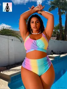 Rainbow tie-dye high-waisted tummy control twist front two-piece swimsuit for women; 2-piece bikini set; plus-size swimwear; V-neck with adjustable straps; summer beach pool party vacation essential; flattering for curvy women