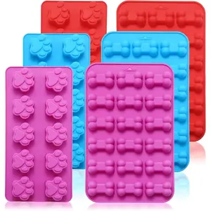 6PCS Silicone Molds Puppy Dog Paw and Bone Non-Stick Gummy Molds for Baking Chocolate Candy Pudding Jelly Ice Cube Biscuits Dog Treats Pink Red Blue Colors Easy Clean Dishwasher Safe