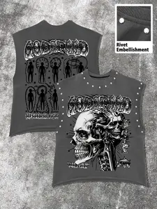 Men's Casual Tank Top, Dark Mechanical Skull Print, Gothic Font, Streetwear Style, Breathable Comfort, Perfect for Music Festivals