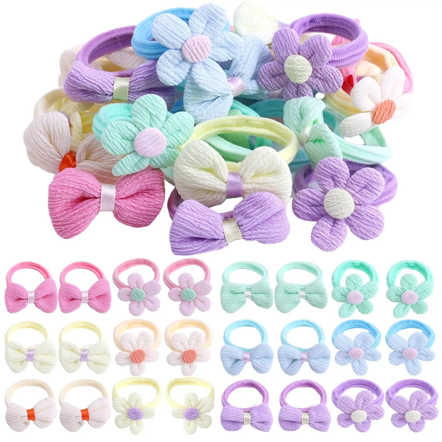 24 Pcs Toddler Hair Ties for Girls, Baby Hair Tie Cute Flower Elastic Scrunchies, Seamless Ponytail Holders, Little Girls Hair Accessories for Thick H