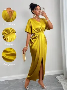 Elegant Evening Dress Formal Wear, Spring Summer Christmas New Year Valentine's Day Party Gown, V Neck Short Sleeve Waist Cinching Zipper Belt Split Skirt Hrs671