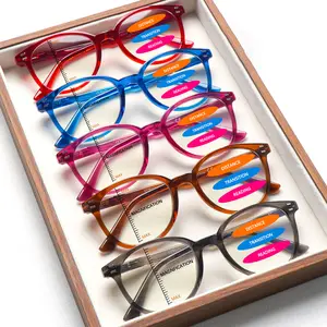 5-Piece Solid Color Fashion Retro Round Frame Progressive Multifocal Blue Light Blocking Reading Glasses Elegant Style, Durable Lenses, Suitable For Men And Women Stylish Essential For Everyday Wear