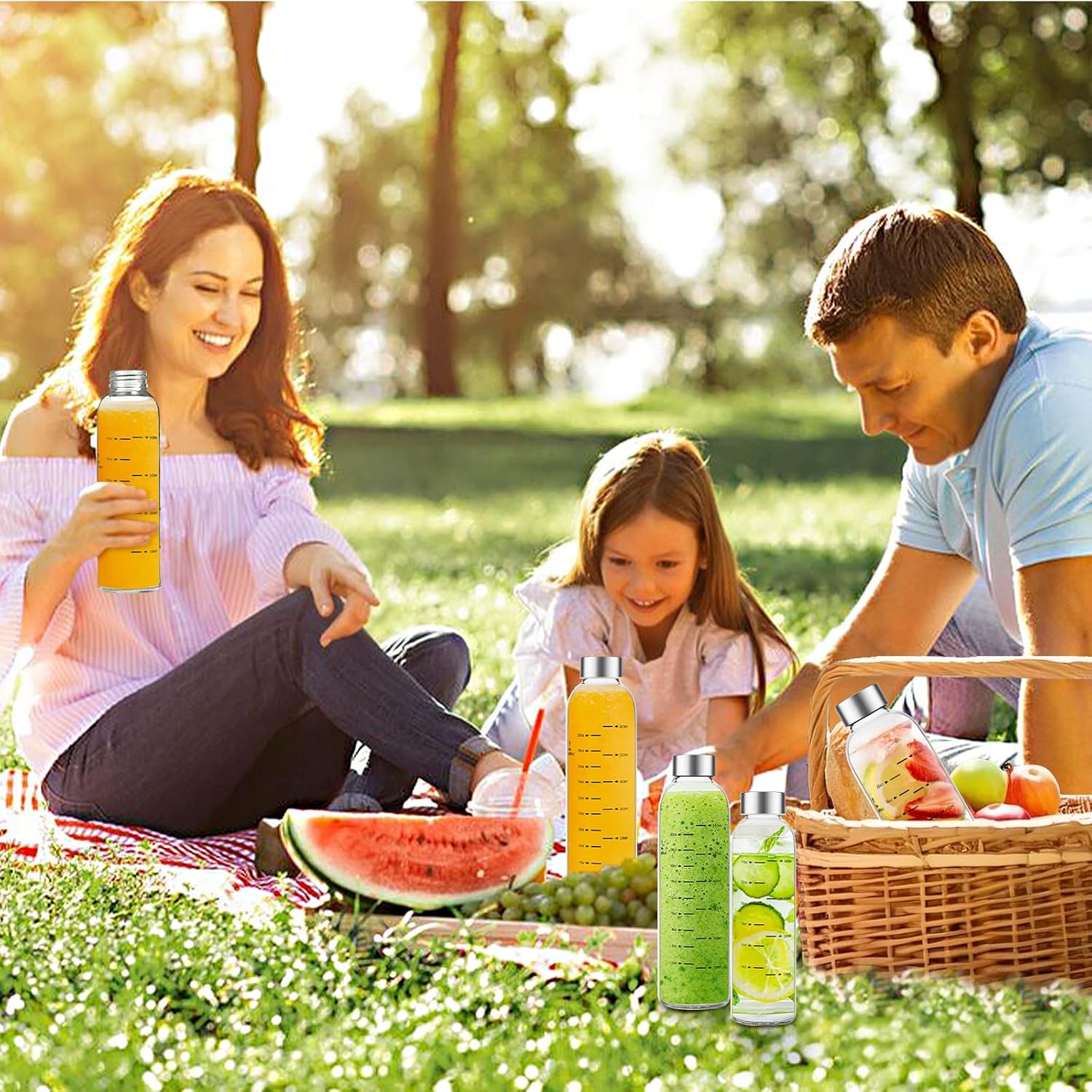 Reusable Glass Water Bottle 17 oz – Leakproof Juice Bottle with Stainless Steel Lid, BPA-Free Clear Drinking Bottle for Refrigerator, Smoothies & Beverages