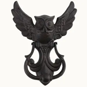 Antique Gothic Heavy Duty Owl Front Door Knocker, Rustic Black Cast Iron Door Handle Decoration for Garden Wooden House and Farmhouse, 1 Pack