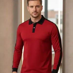 Men's elegant ribbed collar long sleeved shirt - casual sports, navy blue with red accents, polyester, buttons, smooth fabric, suitable for casual wear