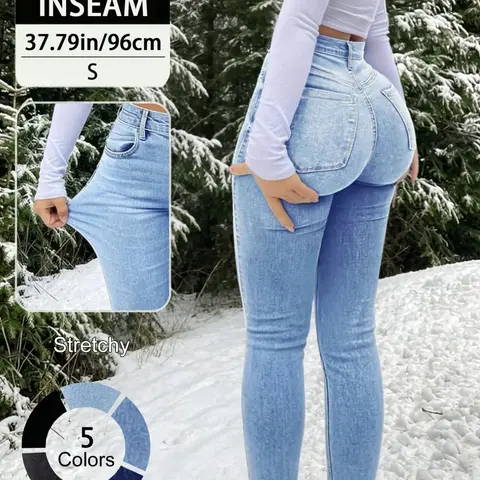 20789# New Elegant Casual Slim-Fit High Waist Long Pants for Women, All-Season Button Fly Trousers, Plain Surface, Unlined