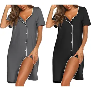 Nightgowns for Women 2 Pack Button Down Sleepshirt Short Sleeve Nightshirt Soft Sleepwear V Neck Pajama Dress Loungewear Womenswear Homewear Pjs