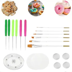 19 Pcs Cookie Decorating Kit Supplies Including 1 Acrylic Turntable 6 Scribe Needle 2 Silicone Mesh Mats 6 Cookie Decoration Brushes 4 Rubber Feet Bumpers