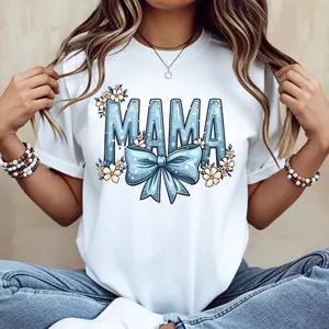 Mama With Floral Bow Print T-Shirt White Casual Loose Fit Women's Tee Mother's Day Gift For Mom