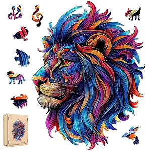 Lion Wooden Jigsaw Puzzle for Adults and Kids Unique Shape Wood Colorful Beautiful Box Fun Challenge Brain Health Family Game Creative Gift for Friends laser  cut  puzzle jigsaw  puzzle  table puzzle beautiful wooden box