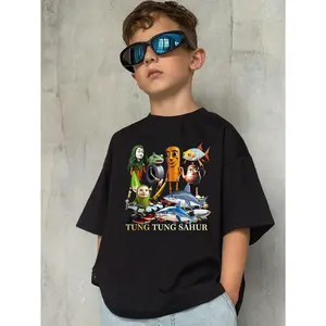 Young Boy's Italian Brainrot Tralalero Tralala Tung Tung Tung Sahur Bombardiro Odilo Funny Meme 100% Cotton Graphic Tees, Halloween Cool Streetwear Casual Holiday Boys Fall Clothing, Black Round Neck Letter Print T-Shirts, Machine Washable,