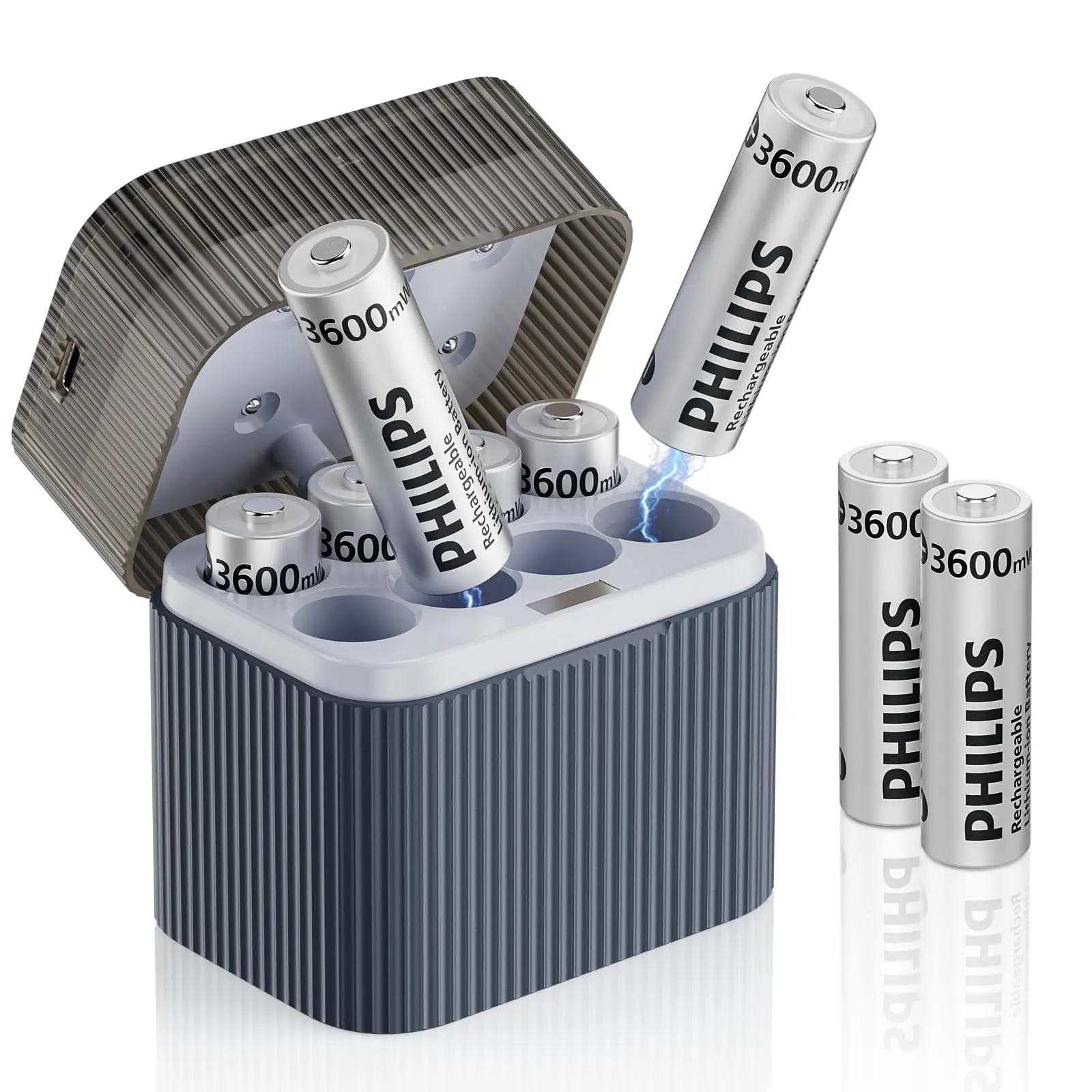 Philips AA 3600mWh Lithium Rechargeable Batteries 8 Pack with Smart Charger Case, 1.5V Rechargeable Double A Batteries 1200 Cycles for Xbox Controller, Remote Controls, Cameras and Electronic Devices